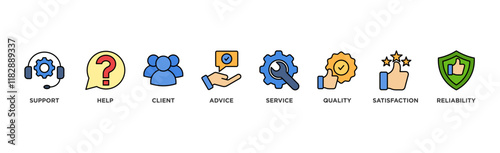 Customer care banner web icon illustration concept for customer support and telemarketing service with an icon of help, client, advice, chat, service, reliability, quality, and satisfaction	