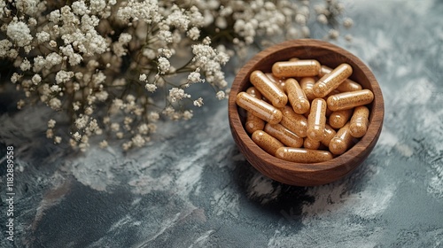 Herbal capsules in bowl, flowers background, wellness.  Website, blog use.