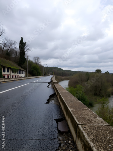 damaged asphalt of a road bridge due to an overflood of the Mollarino river in Atina in the Italian Lazio region photo