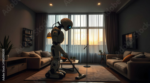 Photograph of a humanoid robot performing household chores in a modern living room, symbolizing the popularization of robots and the shift from human labor to AI-driven automation