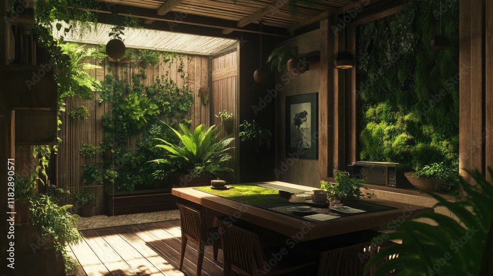 Serene Indoor Garden Room: Tranquil Zen Design with Lush Greenery and Wooden Accents Serene Indoor Garden Room: Tranquil Zen Design with Lush Greenery and Wooden Accents