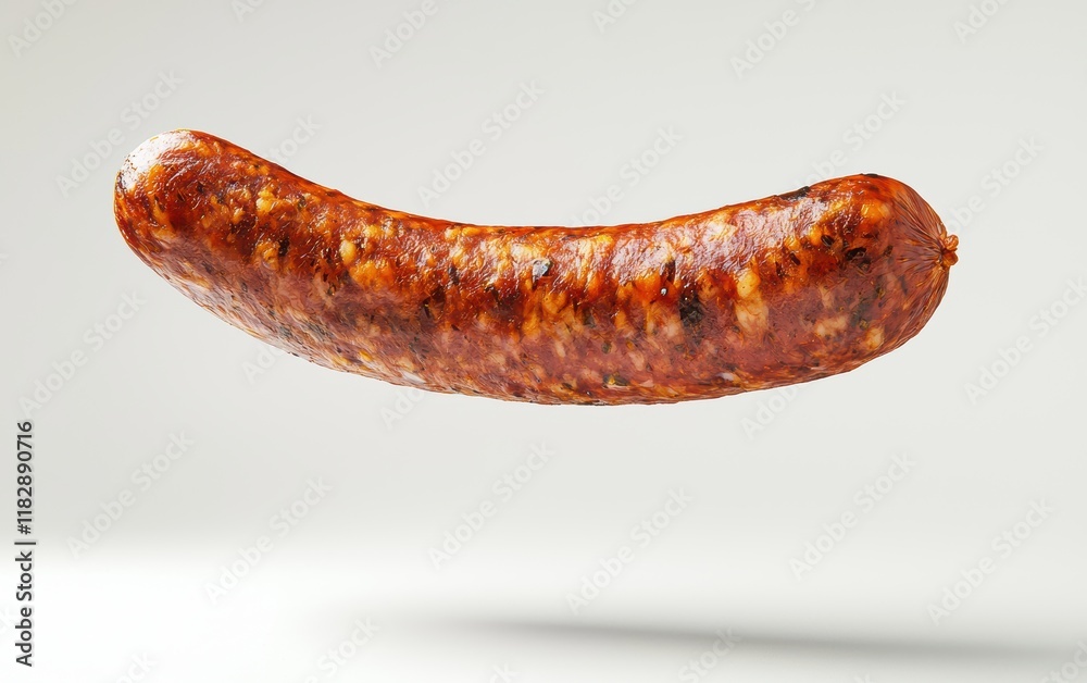 A large cured sausage flying mid-air, with its textured surface highlighted against a plain white background A large cured sausage flying mid-air, with its textured surface highlighted against a plain white background