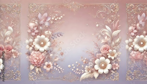 Soft blush and lavender ombre background with intricate floral borders and pearl embellishments