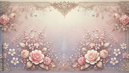 Soft blush and lavender ombre background with intricate floral borders and pearl embellishments