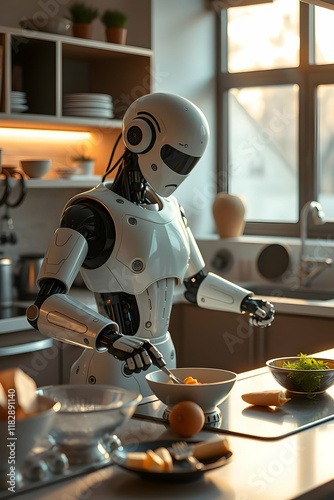 Futuristic humanoid robot cooking in a modern kitchen, preparing food with precision, showcasing advanced robotics and AI integration in everyday life. photo