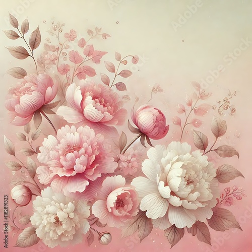 Whimsical pastel ombre background with soft pink and cream peony floral overlays