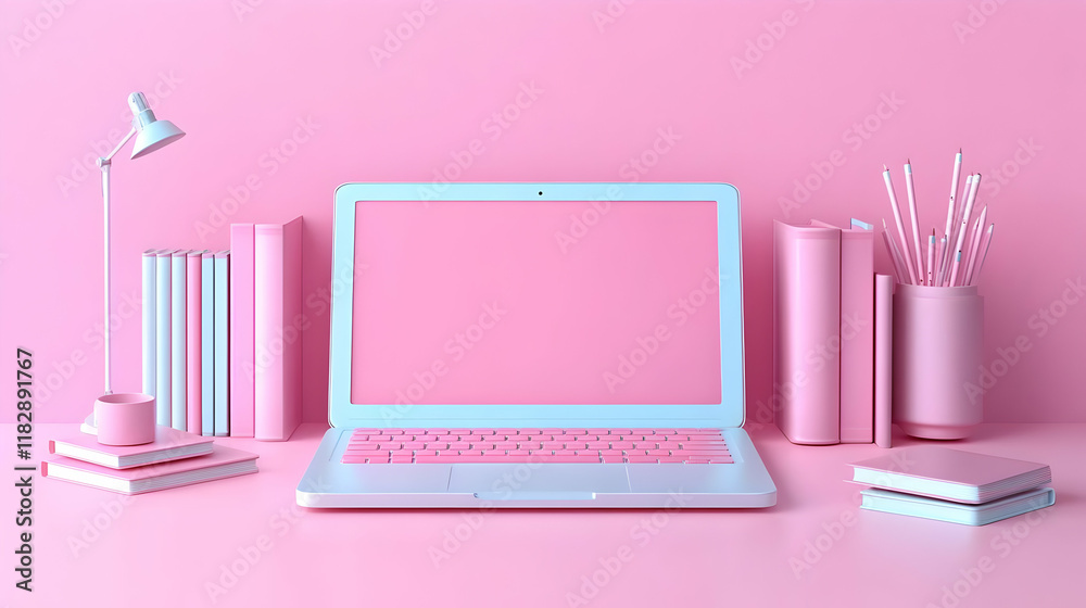 3D Illustration of Pink Workspace Setup Displays Laptop, Books, Lamp, and Pencils on a Pink Desk 3D Illustration of Pink Workspace Setup Displays Laptop, Books, Lamp, and Pencils on a Pink Desk