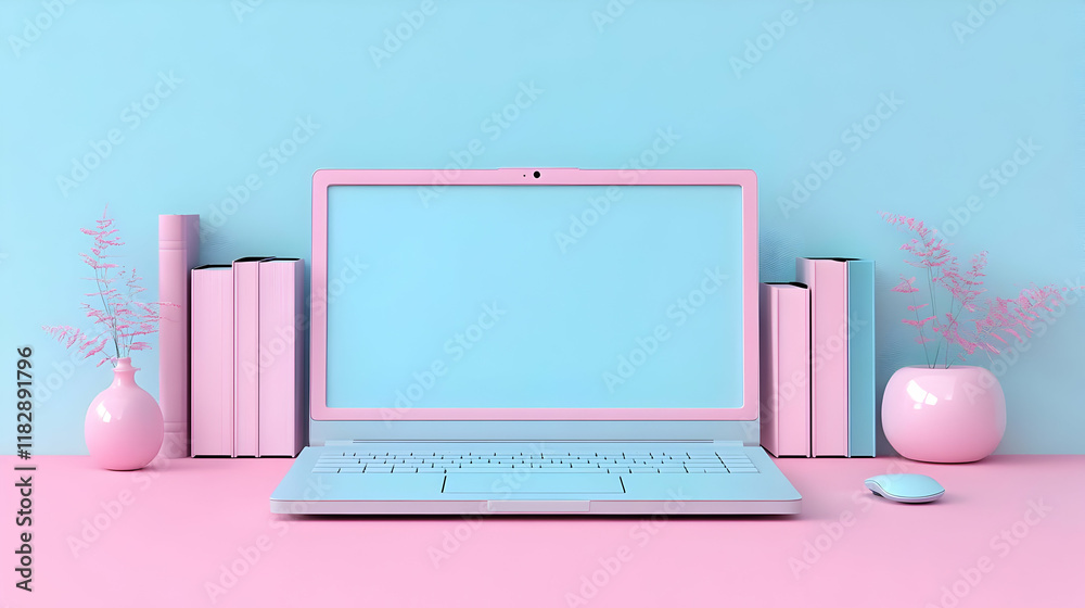 Pink Laptop, Books, Vases, and Mouse on a Pink and Blue Background Pink Laptop, Books, Vases, and Mouse on a Pink and Blue Background