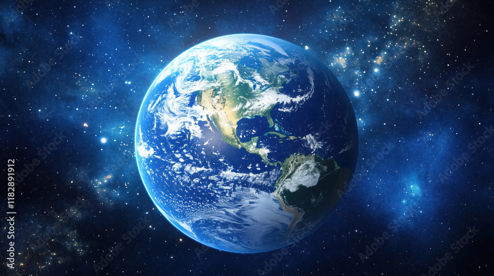 Fototapeta premium Earth Glowing at Night from Space, with City Lights Twinkling Across Continents Against the Dark Expanse of the Universe