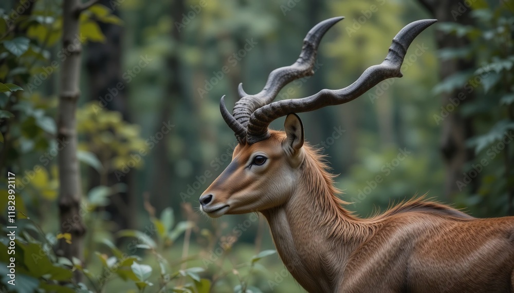 Fototapeta premium Majestic Male Antelope with Large Curved Horns in Lush Green Forest
