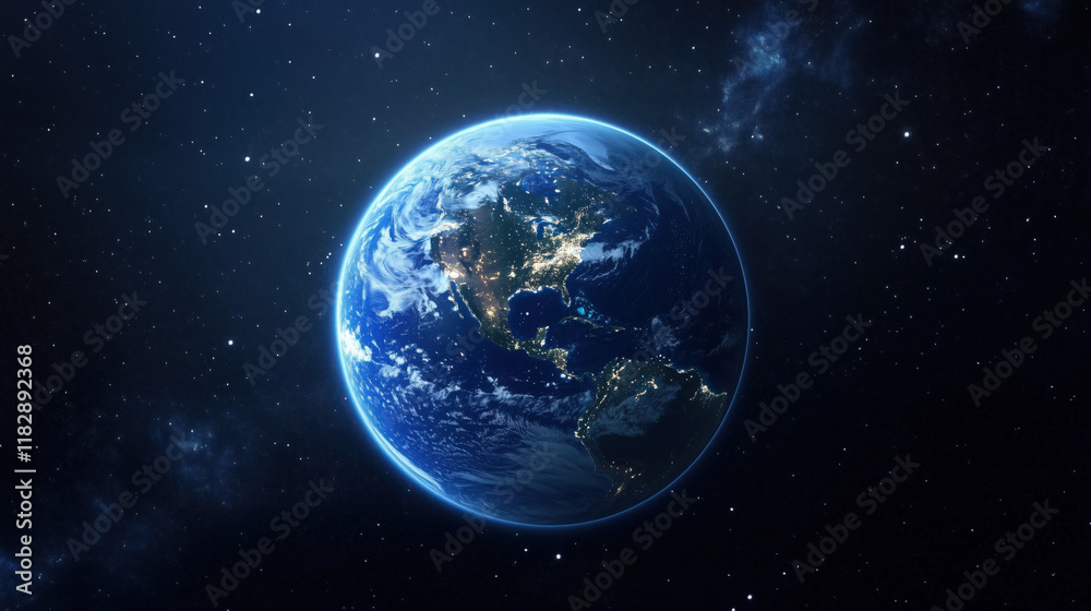 Obraz premium Earth Glowing at Night from Space, with City Lights Twinkling Across Continents Against the Dark Expanse of the Universe