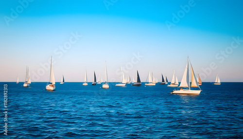 lots of sailboats on a blue surface of water against the blue sky, Side lit. isolated with white highlights
