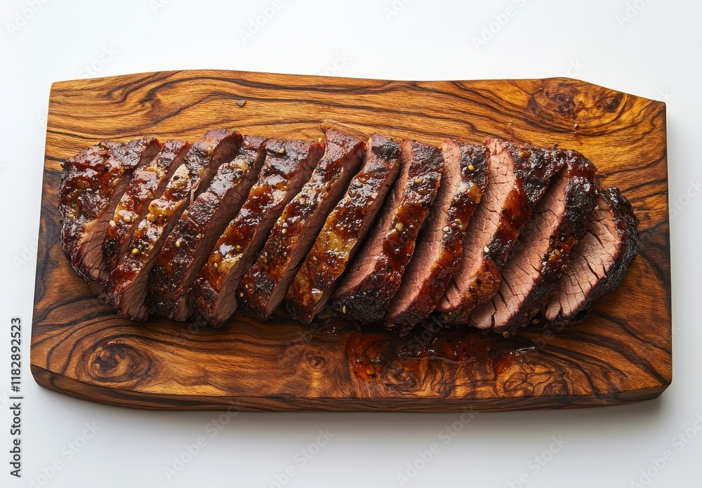 Sliced Barbecue Beef Brisket Glazed with Barbecue Sauce on a Rustic Wooden Board for Delicious Culinary Presentations and Food Photography Sliced Barbecue Beef Brisket Glazed with Barbecue Sauce on a Rustic Wooden Board for Delicious Culinary Presentations and Food Photography
