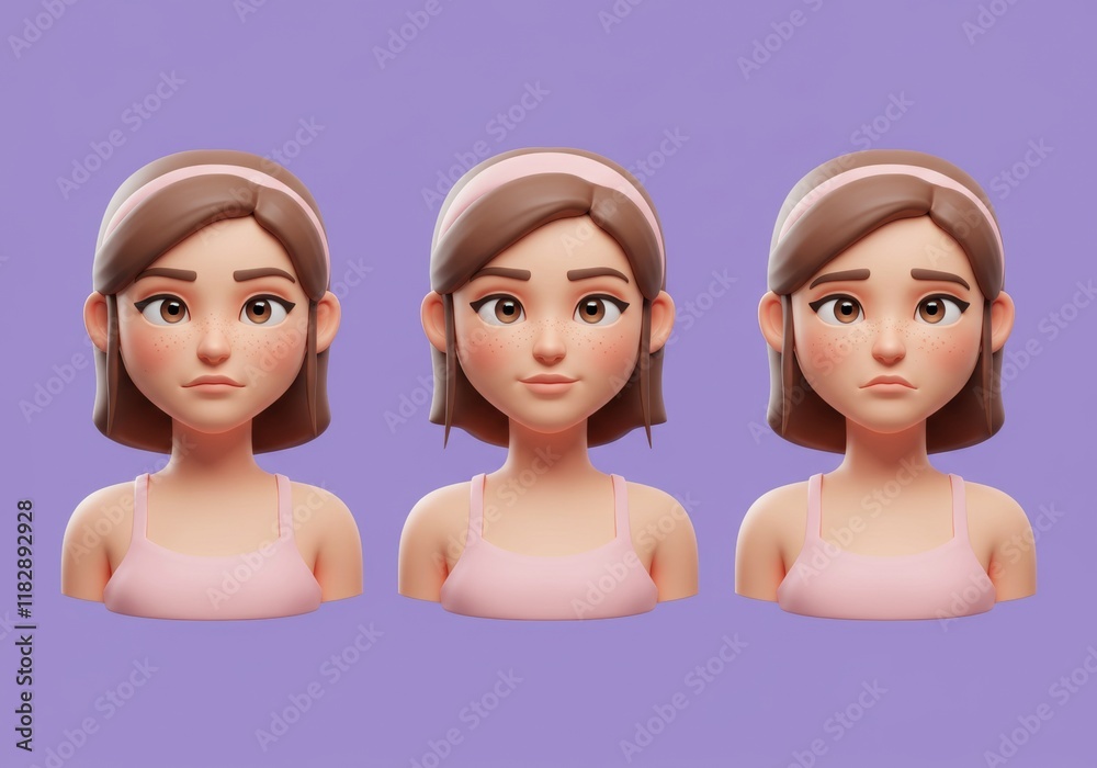 3D Cartoon Female Character with Different Facial Expressions on Purple Background 3D Cartoon Female Character with Different Facial Expressions on Purple Background
