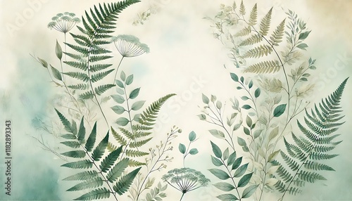 Serene watercolor botanical background in soft mint green and cream tones with fern details