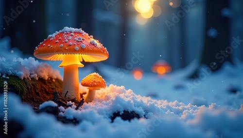 Glowing mushrooms light up the snowy forest floor at dawn, snow, peaceful