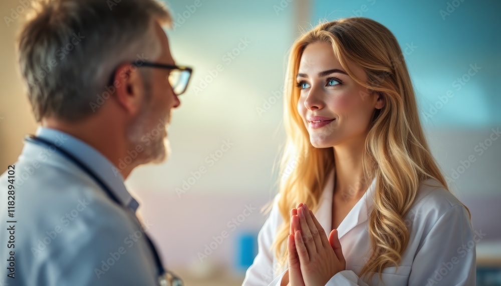 Blonde Female Patient Expressing Gratitude to Senior Male Doctor in Medical Office Blonde Female Patient Expressing Gratitude to Senior Male Doctor in Medical Office