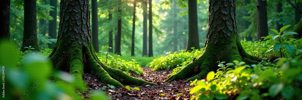 Lush greenery of the forest floor amidst conifers, littered forest floor, tree roots Lush greenery of the forest floor amidst conifers, littered forest floor, tree roots