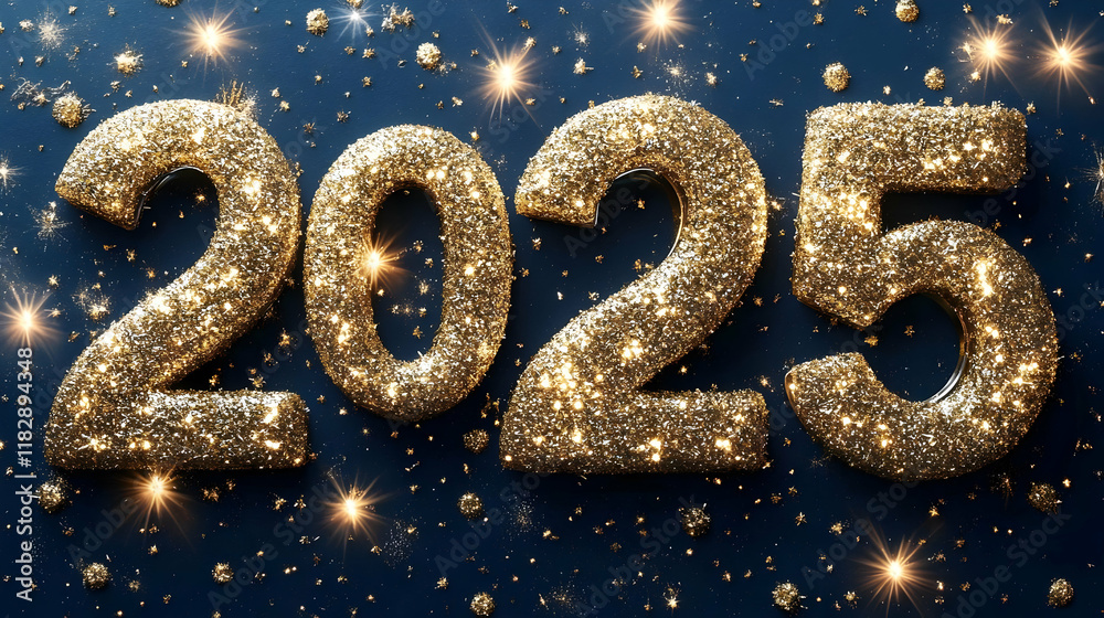 Golden Glitter 2025 Numbers Sparkle on a Dark Blue Background with Scattered Gold Confetti and Twinkling Lights for a Festive Celebration