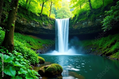 Lush green vegetation surrounds the tranquil waterfall, forest, pure