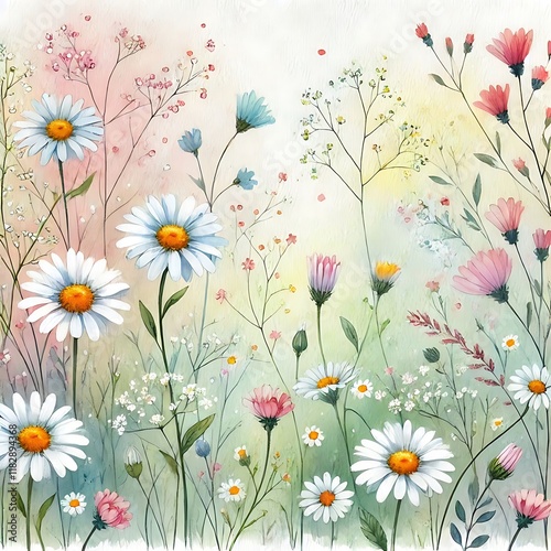 Whimsical watercolor meadow in pastel tones with daisies and tiny pink blossoms