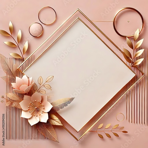 Modern geometric blush pink background with sleek golden floral accents and clean lines