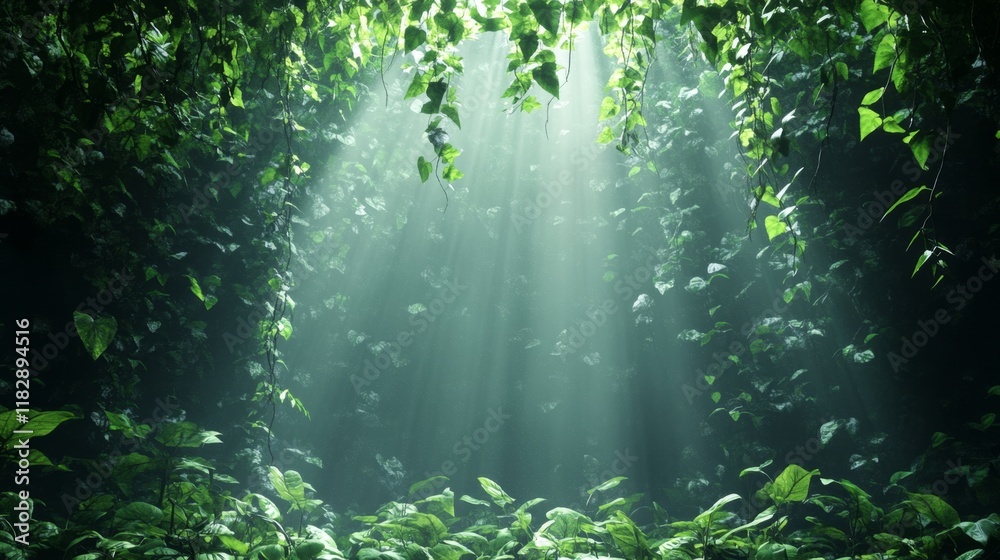 Fototapeta premium Lush Green Forest with Sunlight Streaming Through Dense Foliage