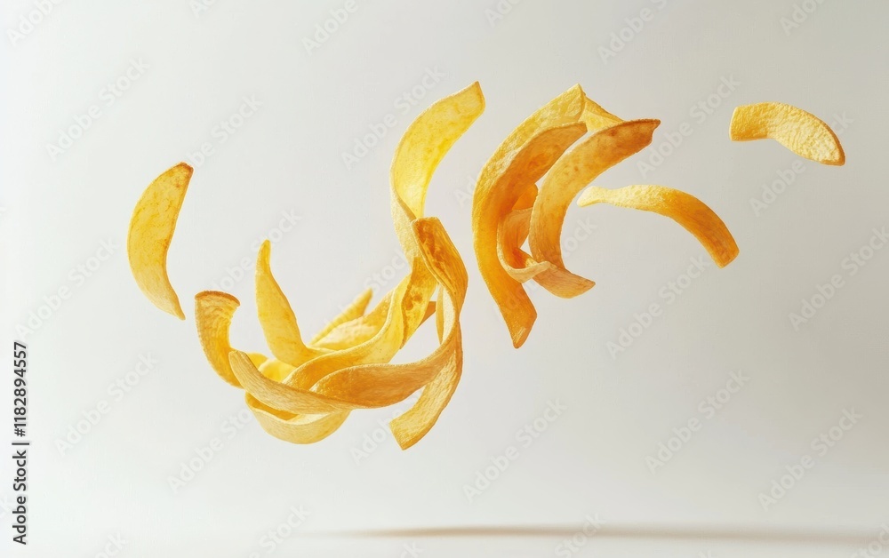 Obraz premium Crispy, golden French fries spinning and soaring freely against a pure white backdrop