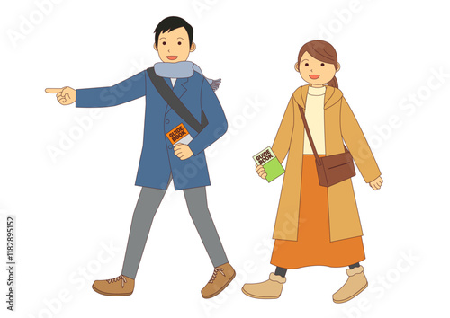 冬に観光をする男性と女性のイラストのセット_主線あり
