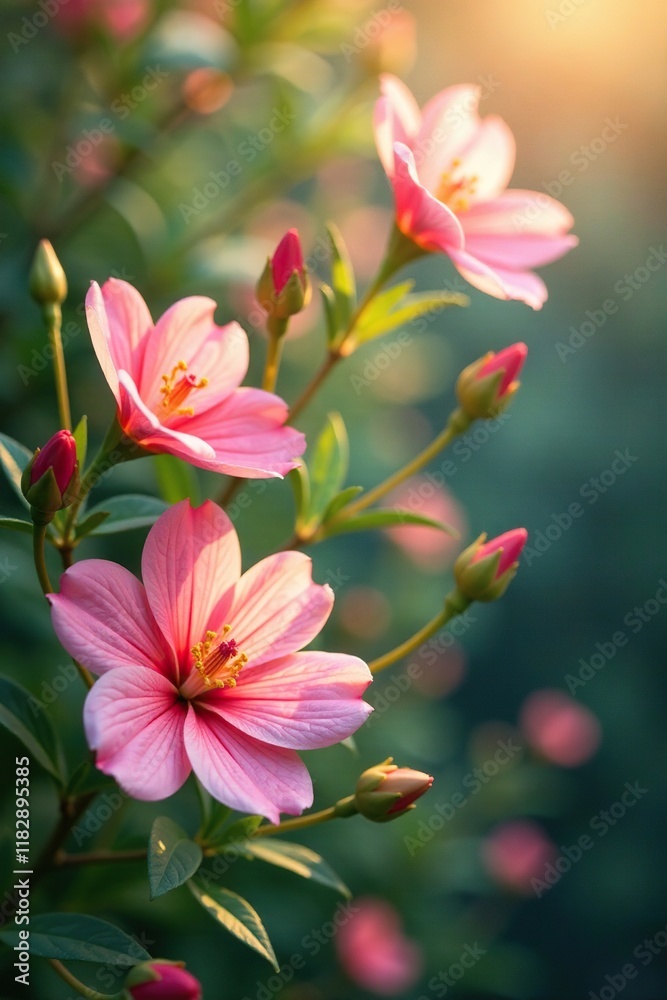 Fototapeta premium Pink and gold hues intertwined with delicate green stems, pink, flowers