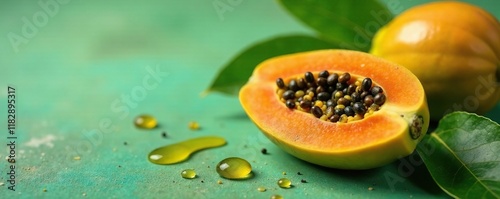 Papaya oil extract isolated on colorful background, green, papaya oil