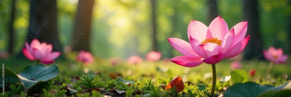 Soft pink petals unfolding in a forest clearing, serene, pink flowers Soft pink petals unfolding in a forest clearing, serene, pink flowers