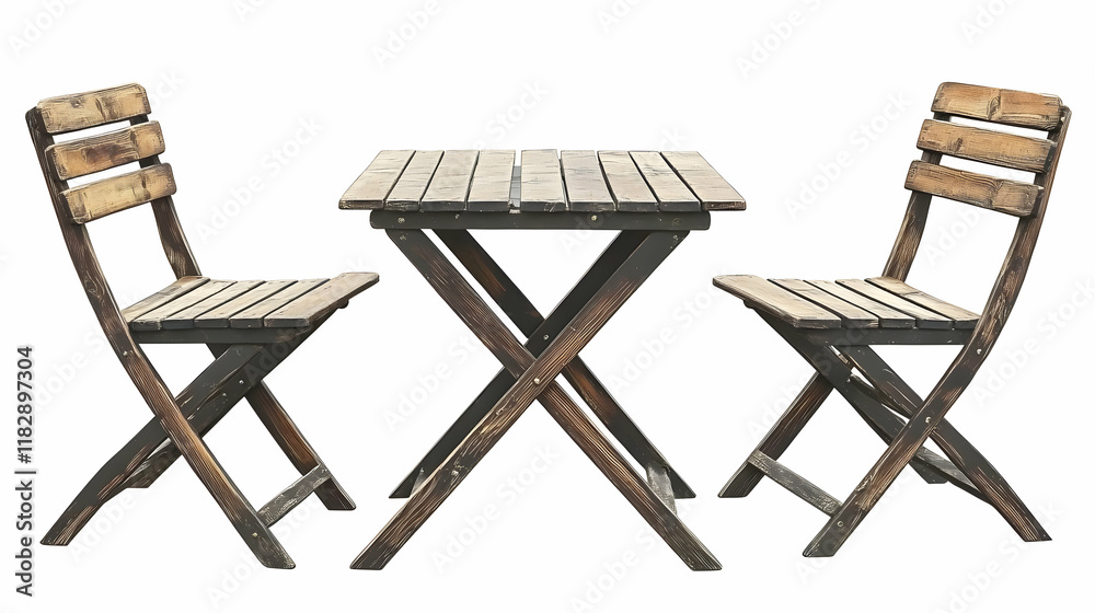 Rustic Wooden Table and Chairs Set Isolated on White Background, Perfect for Outdoor Dining or Patio Decor. Rustic Wooden Table and Chairs Set Isolated on White Background, Perfect for Outdoor Dining or Patio Decor.