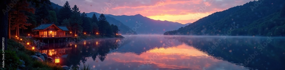 The soft glow of lanterns illuminates a serene lake landscape at dusk, landscape, lake The soft glow of lanterns illuminates a serene lake landscape at dusk, landscape, lake