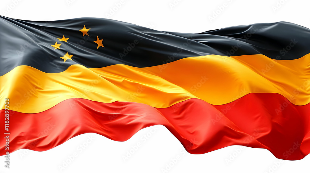 Naklejka premium Flag of a Country with Black, Gold, and Red Stripes and Gold Stars Flows Majestically