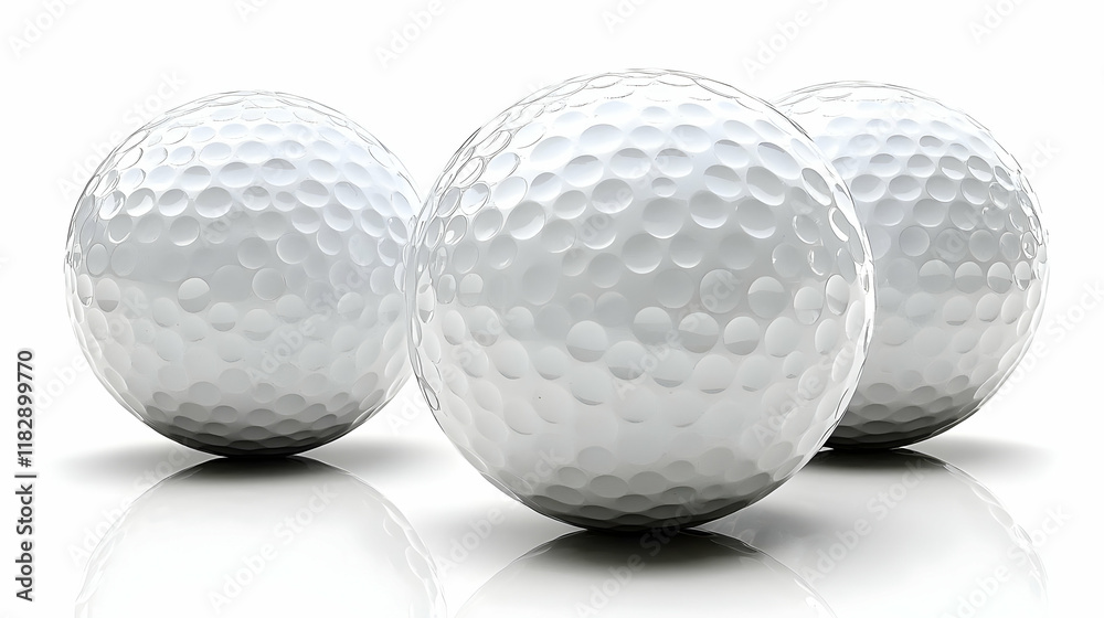 Three White Golf Balls Sit on a Reflective White Surface Three White Golf Balls Sit on a Reflective White Surface