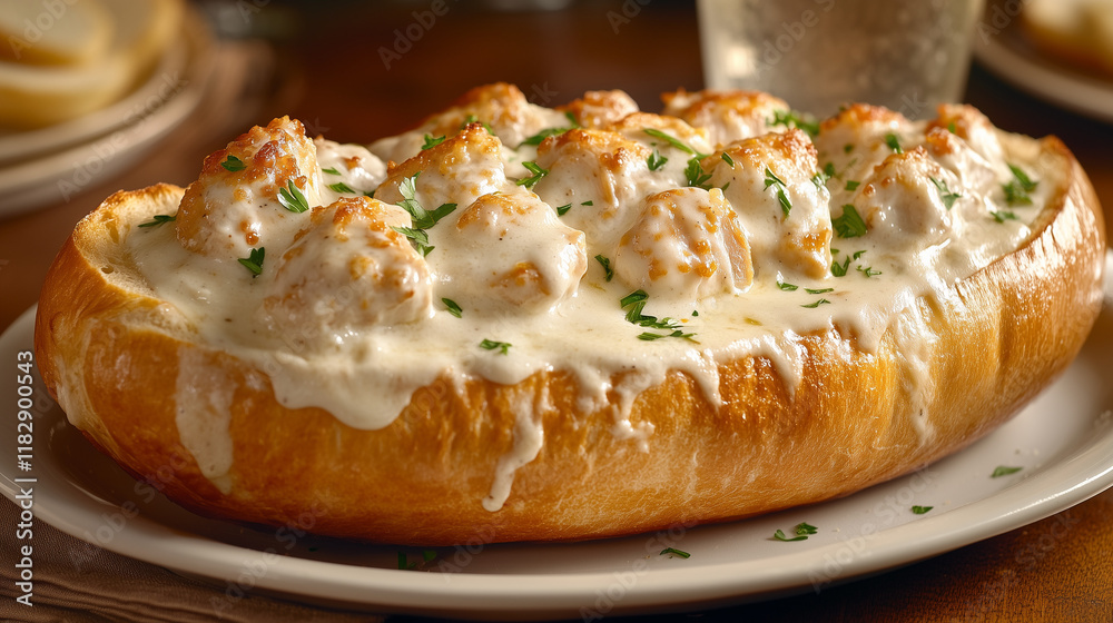 Warm and Inviting Chicken Alfredo Bread Boat with Creamy Sauce and Melted Cheese Warm and Inviting Chicken Alfredo Bread Boat with Creamy Sauce and Melted Cheese