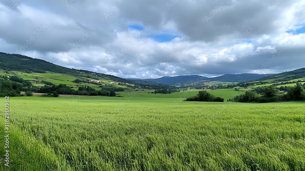 Serene Green Valley Landscape Under a Cloudy Sky Serene Green Valley Landscape Under a Cloudy Sky