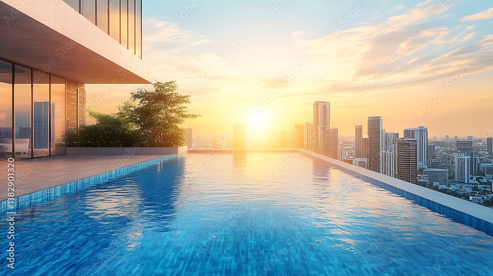 Fototapeta premium Sunset swim in rooftop infinity pool urban cityscape tranquil view