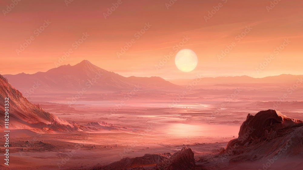 Fototapeta premium Serene Alien Landscape at Dusk with Red Skies and a Distant Sun Setting Over Mountain Peaks