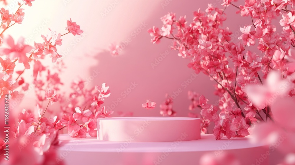 Serene Pink Blossoms Surrounding a Minimalist Display Platform Serene Pink Blossoms Surrounding a Minimalist Display Platform