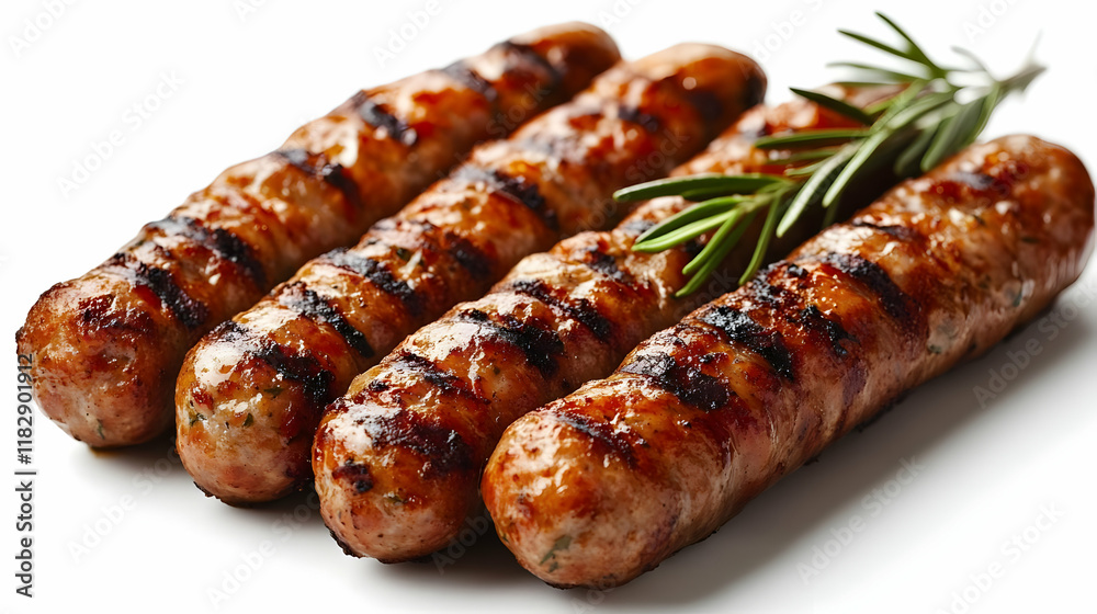 Grilled Sausages Are Served with Rosemary on a White Background. Grilled Sausages Are Served with Rosemary on a White Background.