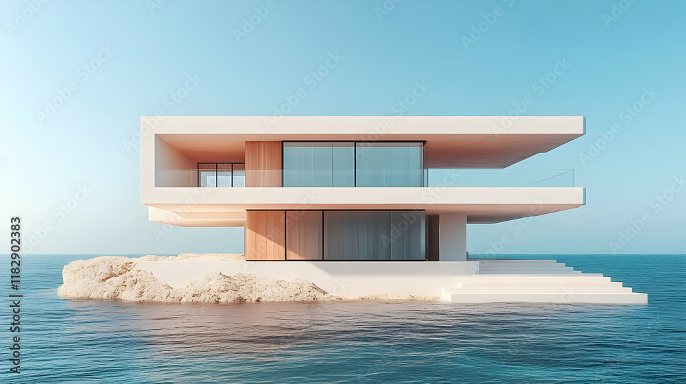 Fototapeta premium Modern Minimalist Ocean House 3D Illustration