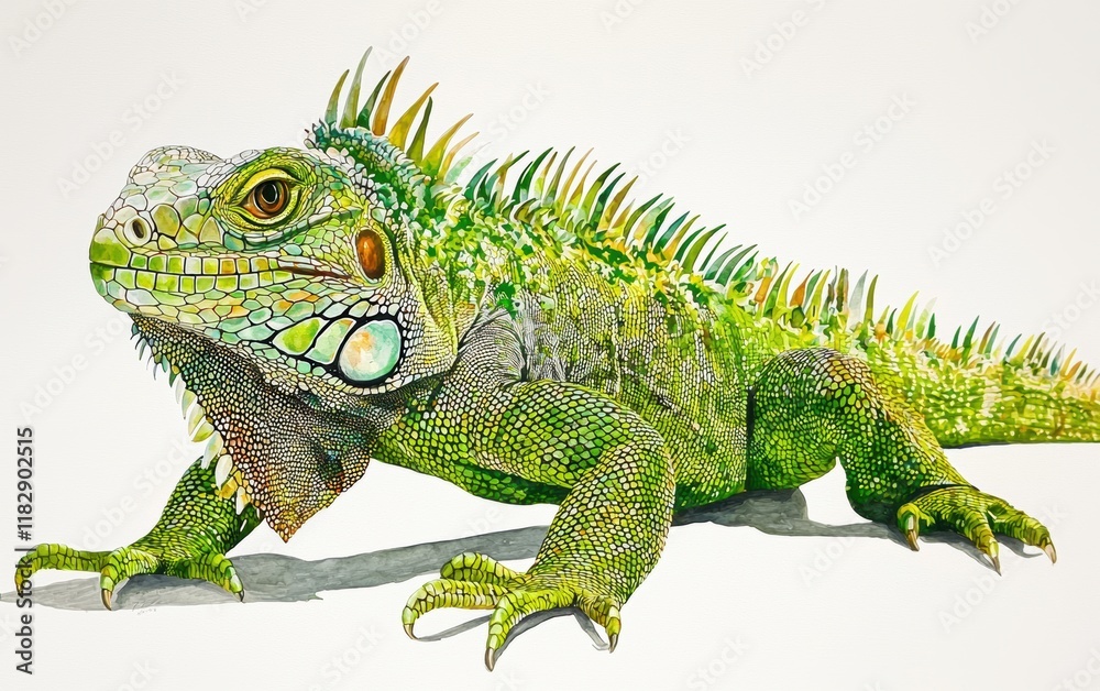 Fototapeta premium An iguana with vivid green scales and spikes detailed on a clean white surface