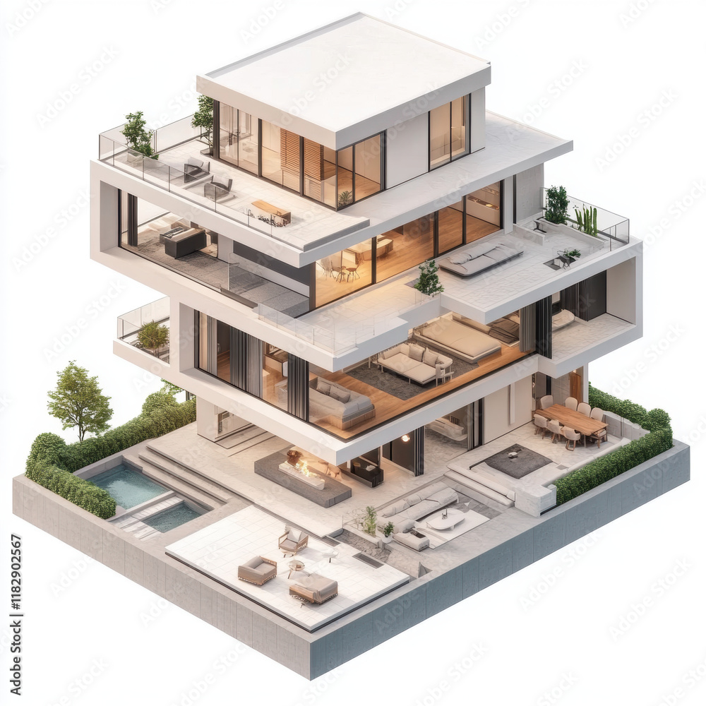 Modern three story house with open spaces, large windows, and pool Modern three story house with open spaces, large windows, and pool