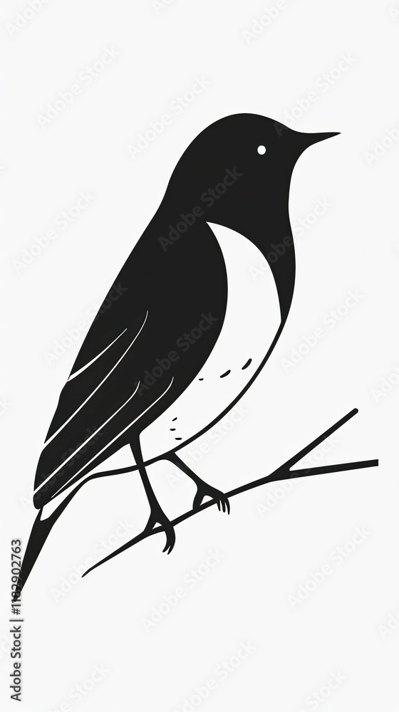 Fototapeta premium Minimalistic Black and White Vector Illustration of a Bird Perched on a Branch. Generative AI
