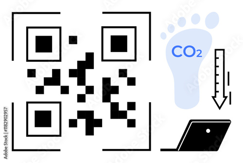 QR code, blue CO2 inside footprint, down arrow, laptop emphasizing reducing carbon footprint through technology. Ideal for sustainability, eco-friendly tech, emissions tracking, digital solutions