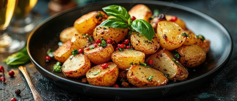 Close Up of Roasted Potatoes with Fresh Basil on Textured Background for Elegant Dining Experience Close Up of Roasted Potatoes with Fresh Basil on Textured Background for Elegant Dining Experience