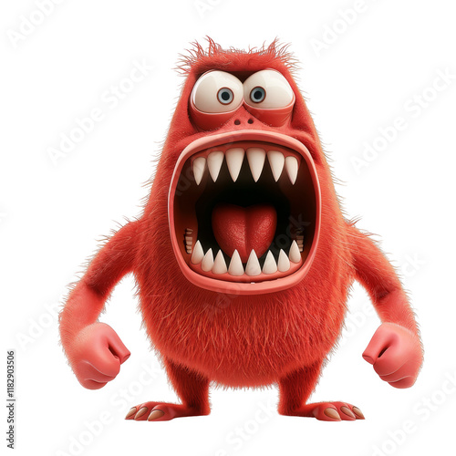 A red monster with a wide open mouth, showing sharp teeth and an angry expression.