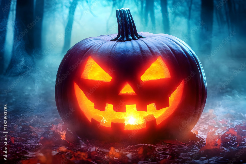 Naklejka premium Glowing Jack-o'-lantern Sits on Forest Floor with Spooky Fog Creeping Through the Trees on Halloween